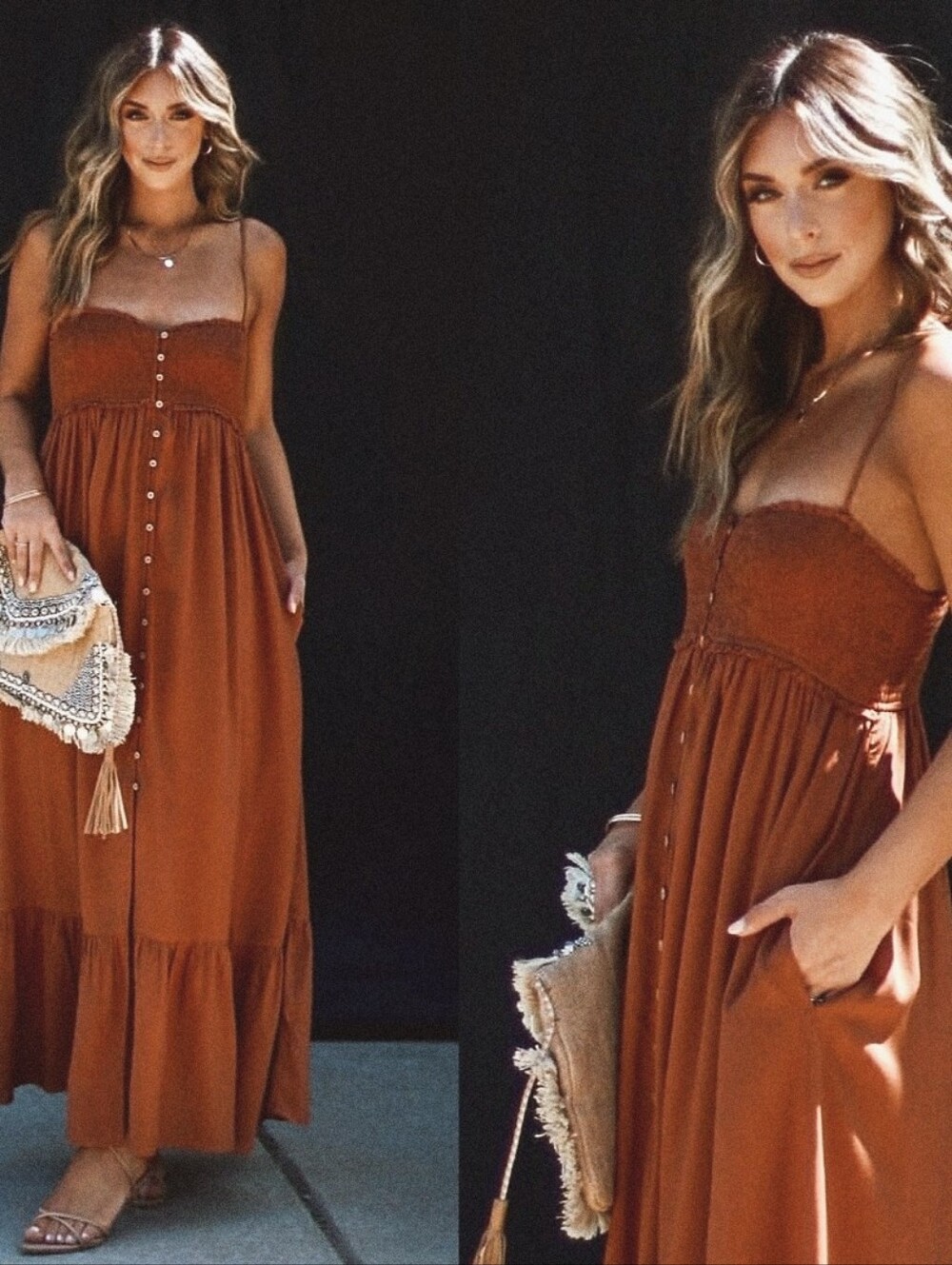 Vici Wishlist Terracotta Pumpkin Rust Brown Smocked Button Front Boho Maxi Dress